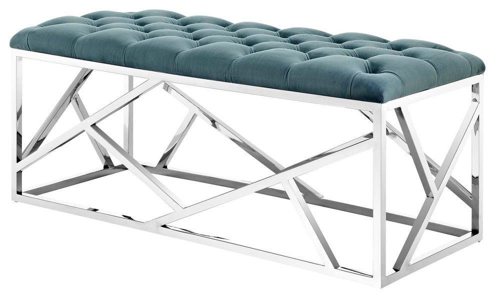 Modern Accent Chair Bench, Velvet Fabric Metal Steel, Blue