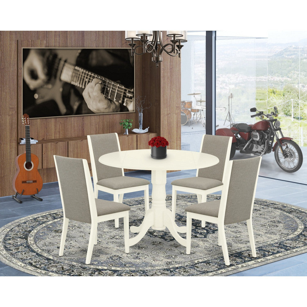 5Pc Kitchen Set, Round Table, 4 Upholstered Chairs, Linen White