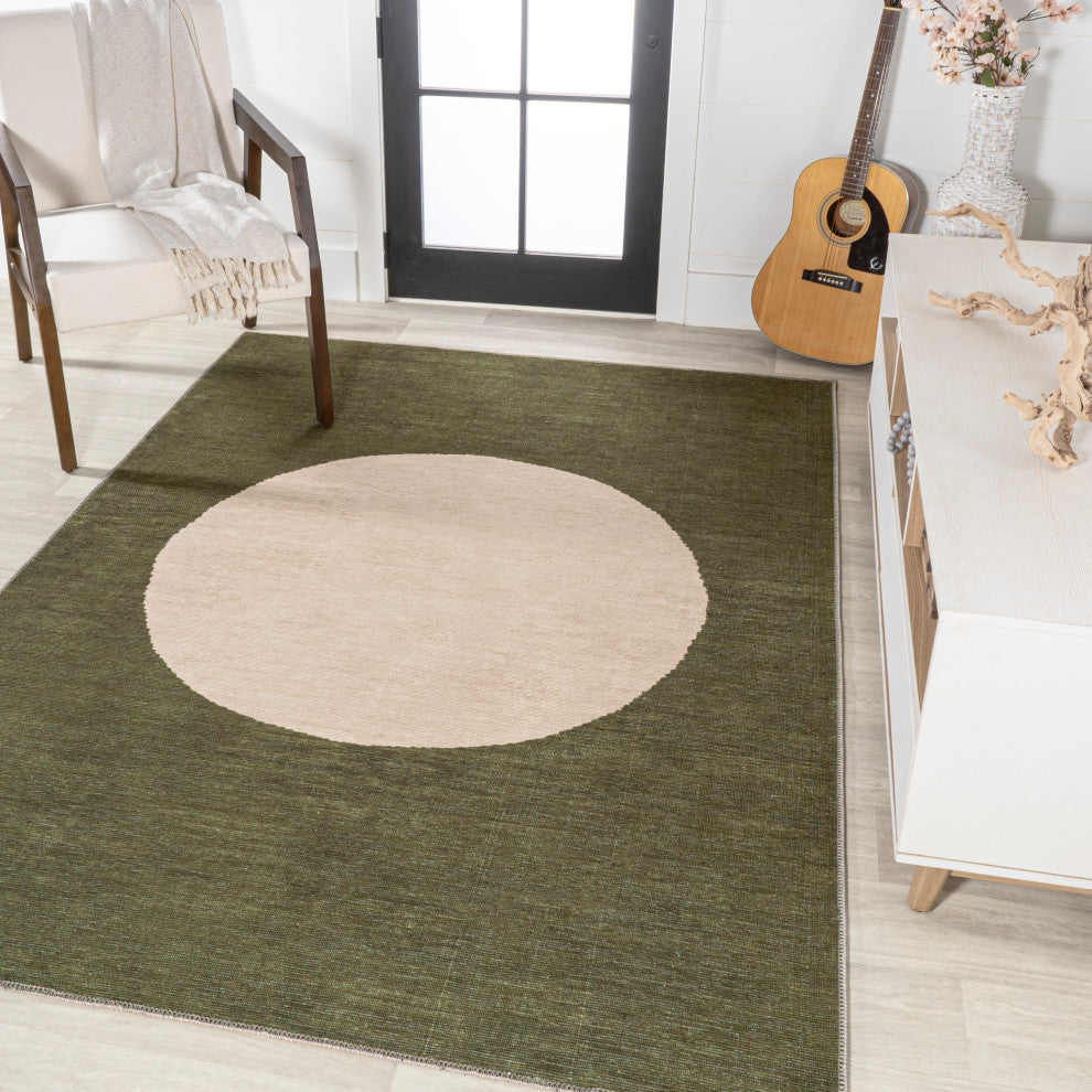 Cirkel Minimalist Geometric Dot Machine-Washable Area Rug, Olive/Cream, 4x6