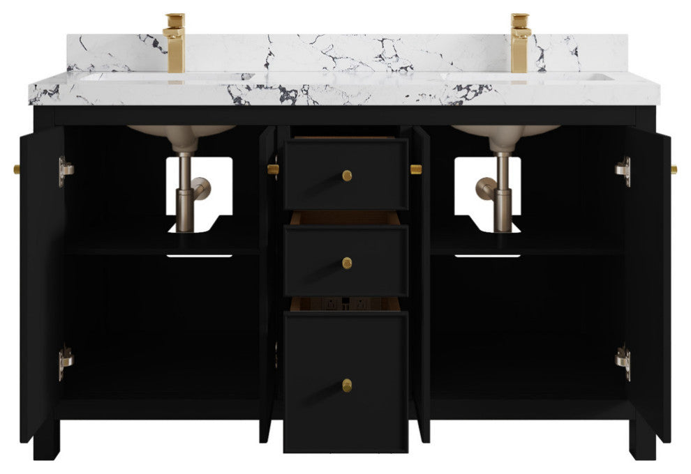 Chicago 60" Double Sink Bathroom Vanity, Black 2" Viola Night