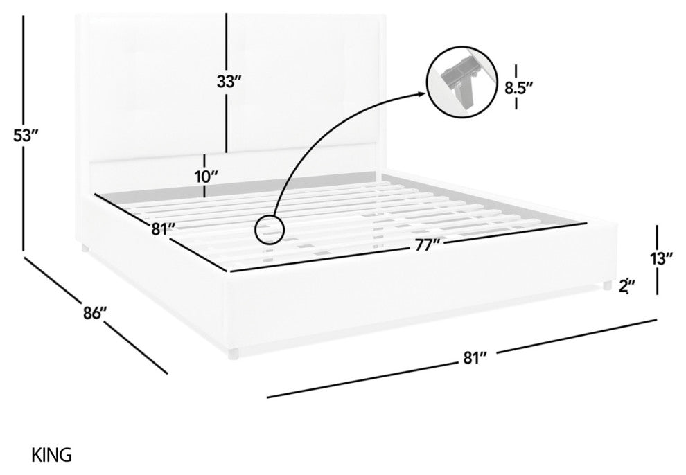 Miramar Cushion-Back Headboard Platform Bed Frame, Antique White Polyester, King