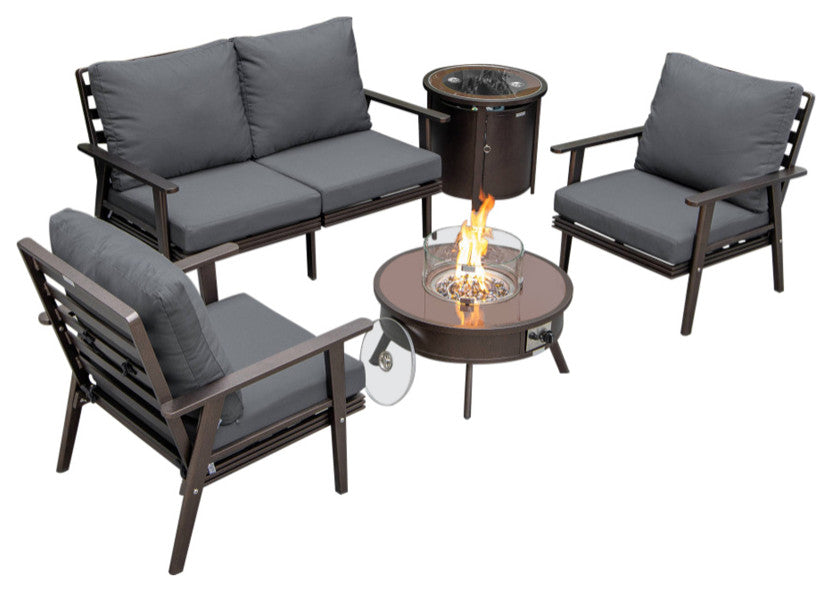 LeisureMod Walbrooke Brown Patio Sofa Set With Round Fire Pit Table, Charcoal