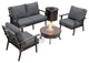 LeisureMod Walbrooke Brown Patio Sofa Set With Round Fire Pit Table, Charcoal