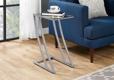 Accent Table C-Shaped End Side Snack Metal Tempered Glass Grey Clear