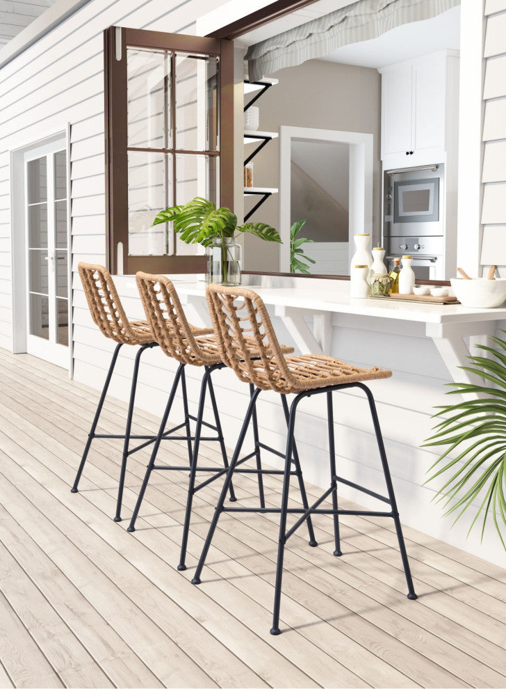 Bar Stool Chair Barstool, Set of 2, Steel Metal, Natural, Black, Outdoor Patio