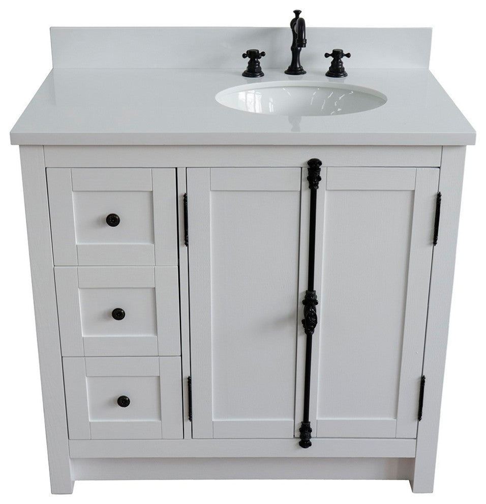 37" Vanity, Glacier Ash, White Engineered Stone Top, Right Doors/Right Oval Sink