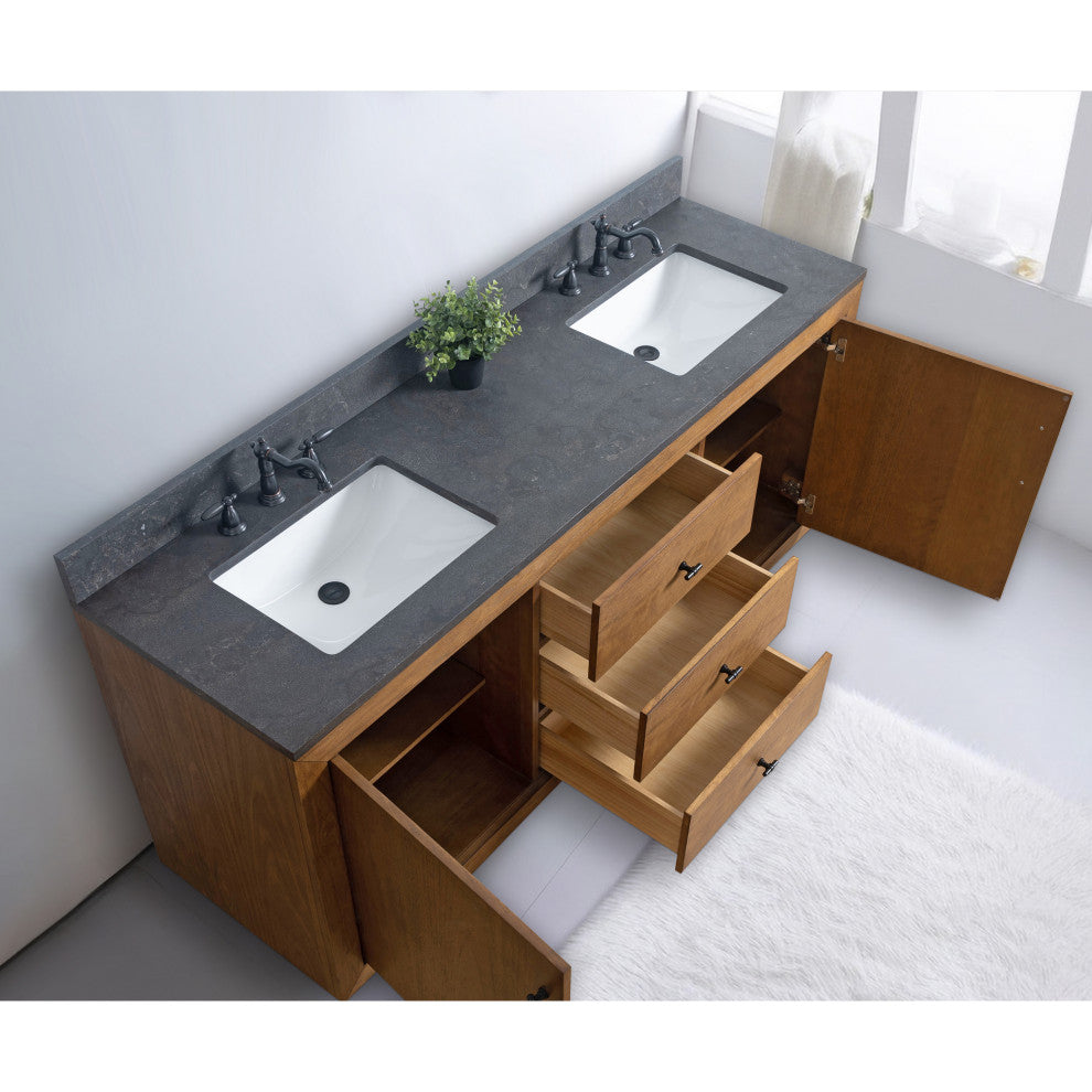 Vanity Art Bathroom Vanity With Sink, Tan, 72" Double, Black Limestone Top