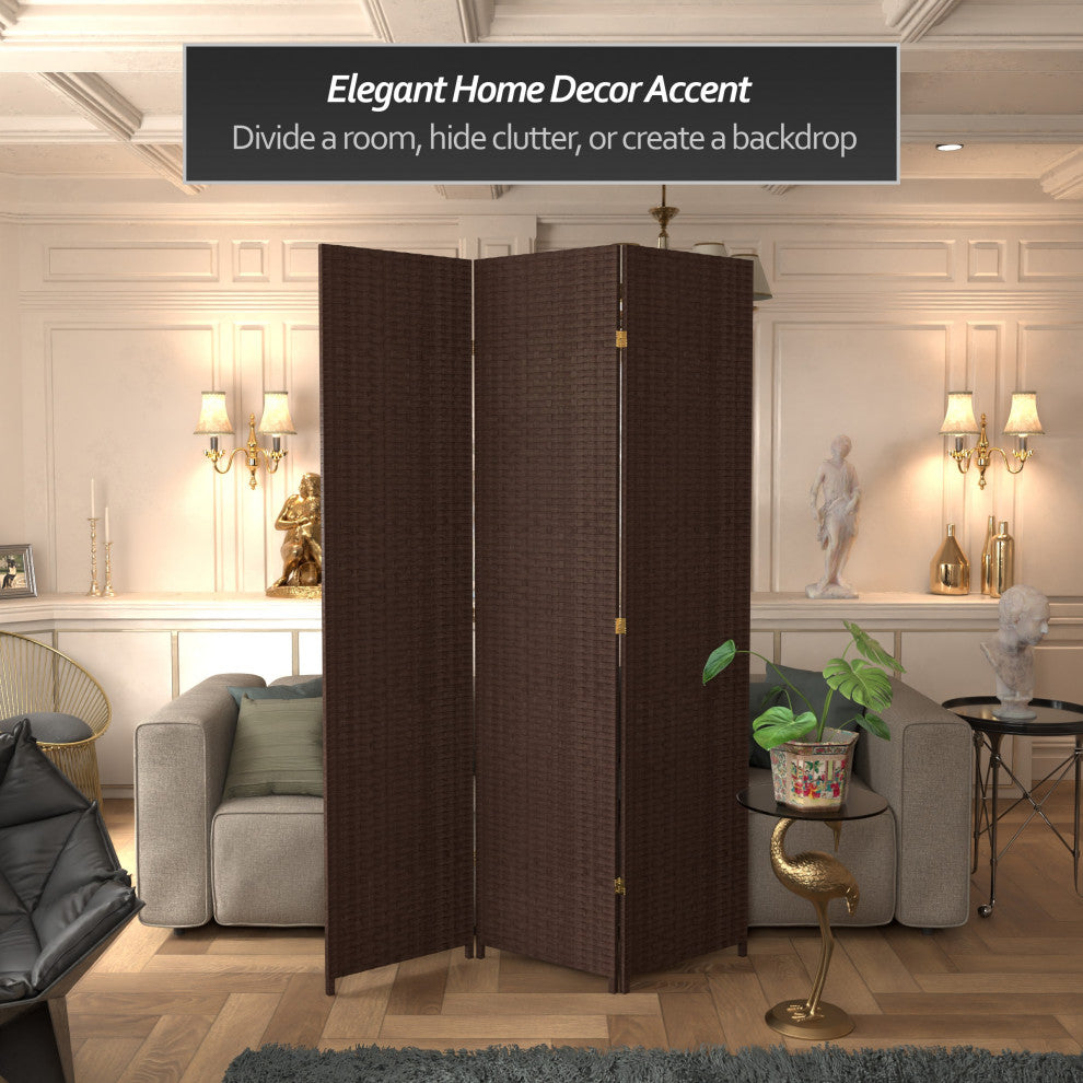 7' Tall Woven Fiber Room Divider, Dark Mocha, 3 Panel