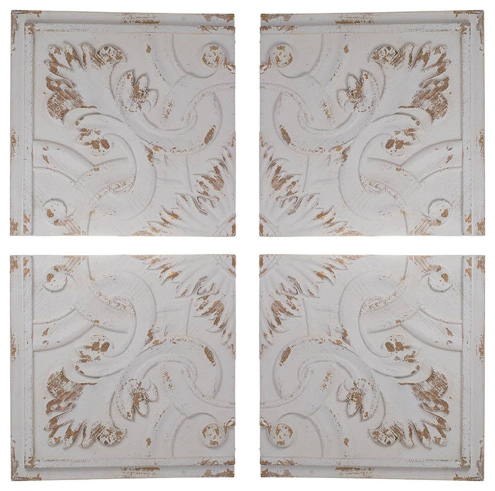 Set of 4 Whitewashed Arabesque Carved Wall Art