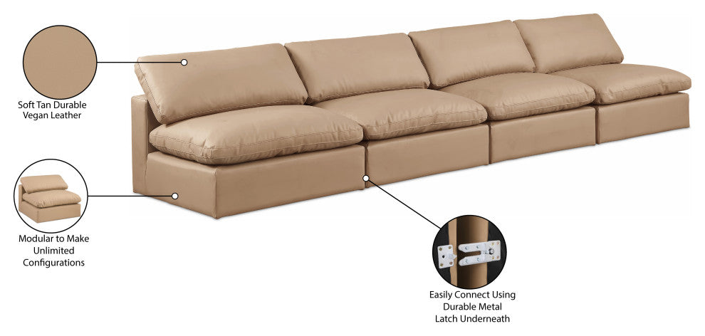 Comfy Upholstered Modular Sofa, Tan, 4-Piece: 4 Armless Chair, Vegan Leather