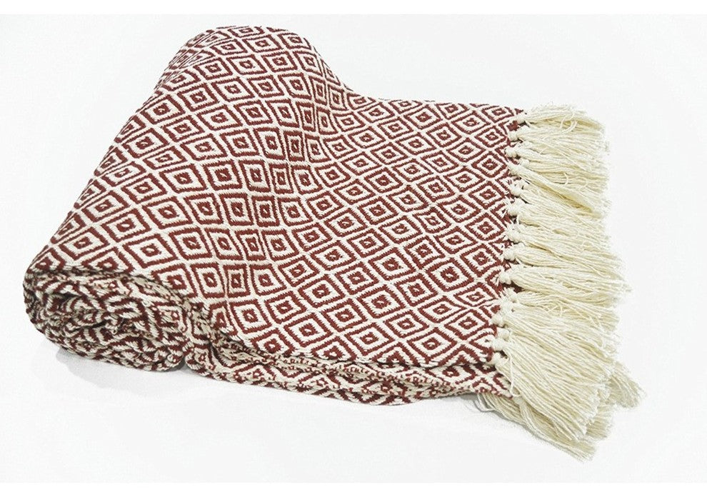 Diamond Pattern Cotton Throw With Fringed Ends, Rust-Ivory