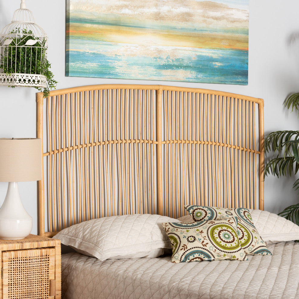 Malvina Modern Bohemian Natural Brown Rattan Queen Size Wall-mount Headboard