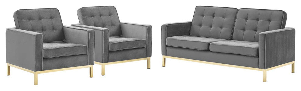 Armchair and Loveseat Sofa Set, Velvet, Gold Gray, Modern, Lounge