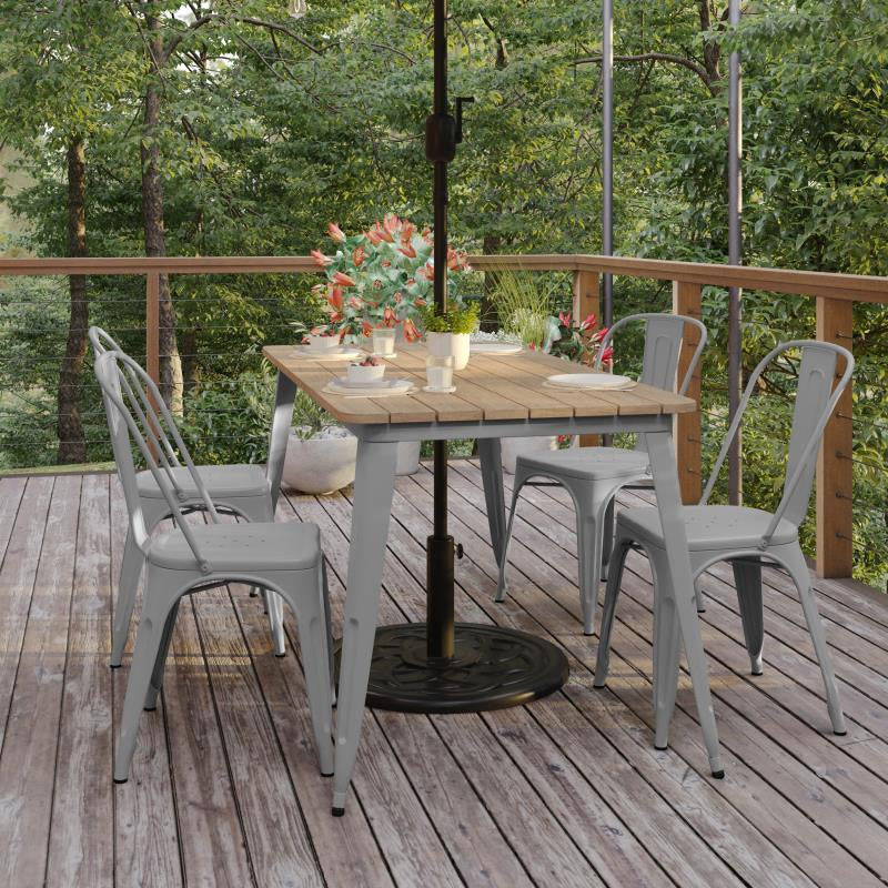 Declan Commercial Indoor/Outdoor Dining Table with Umbrella Hole, 30" x 60", Brown/Silver