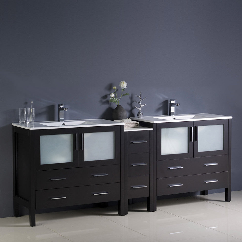 Torino 83"-84" Double Bathroom Cabinet, Espresso, With Top and Integrated Sinks