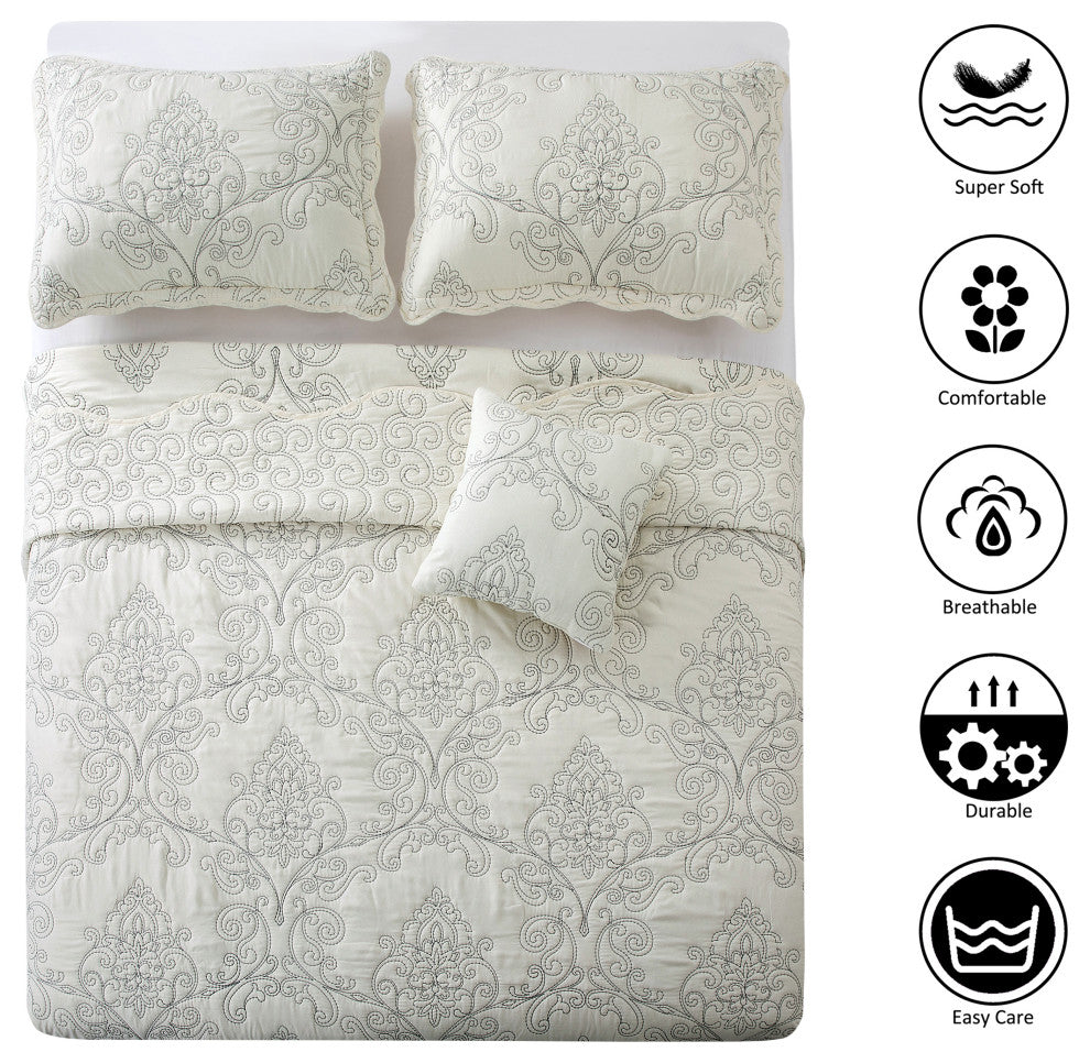 Damask Embroidered Quilted 4 Piece Bed Spread Sets, White, King