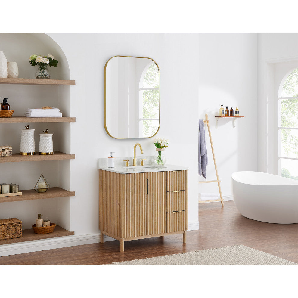 Trielle Rectangular Framed Bathroom Wall Mirror, Brushed Gold, 36"
