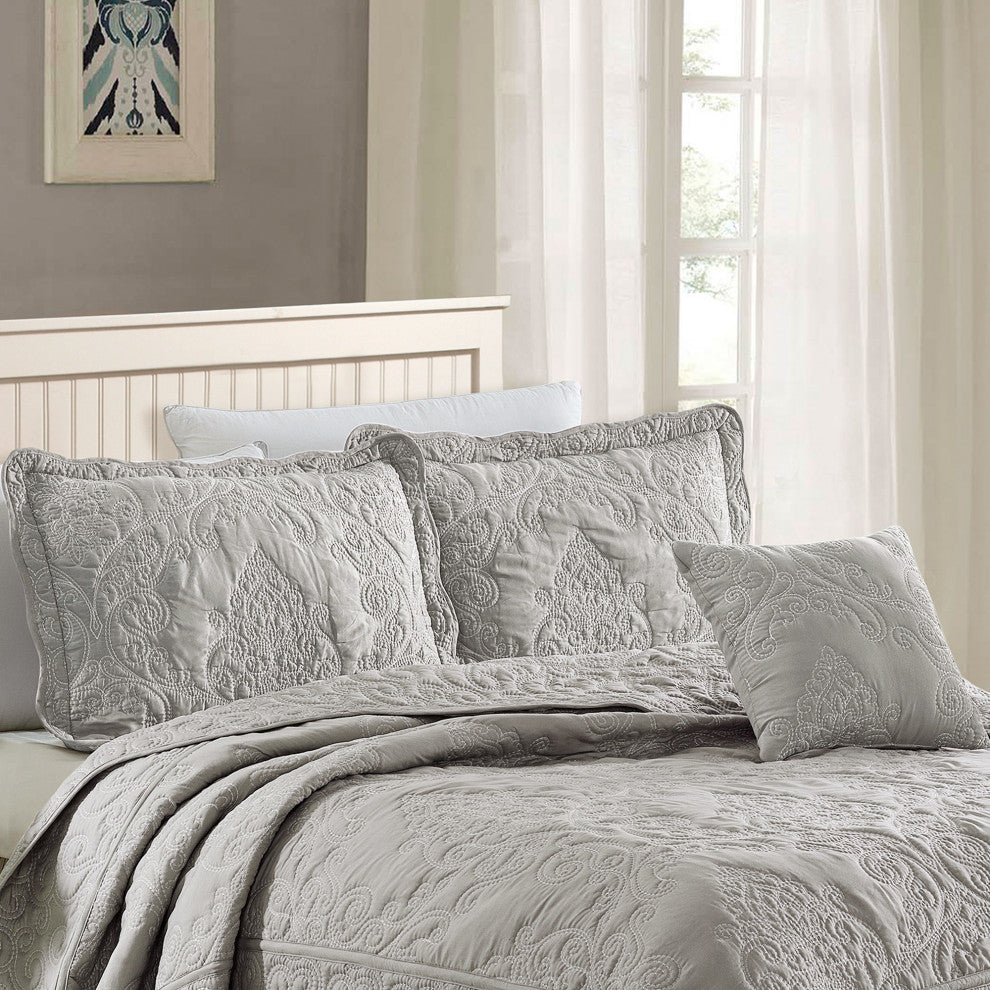 Damask Embroidered Quilted 4 Piece Bed Spread Sets, Ash Gray, Queen