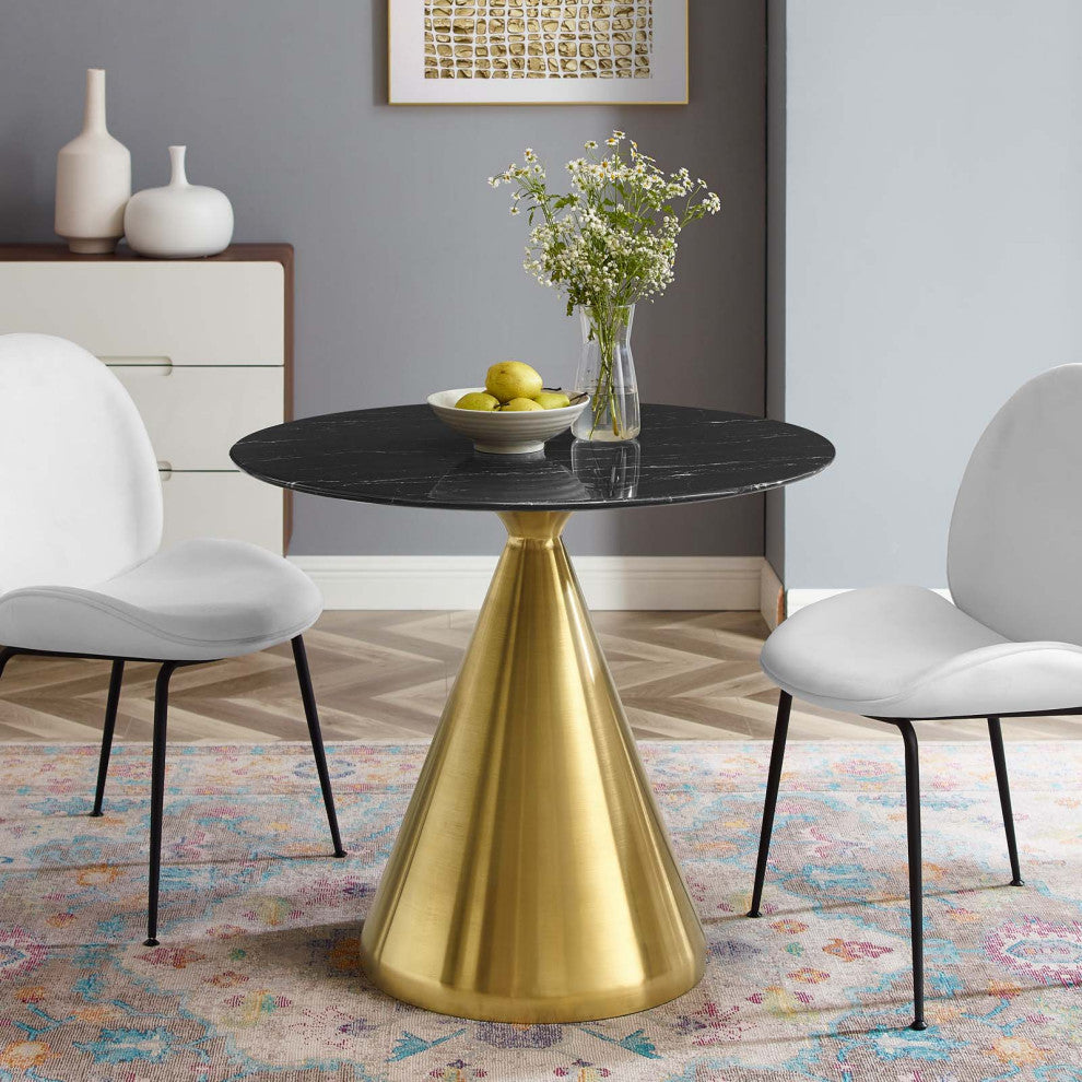 Dining Table, Round, Artificial Marble, Metal, Gold Black, Modern, Cafe Bistro