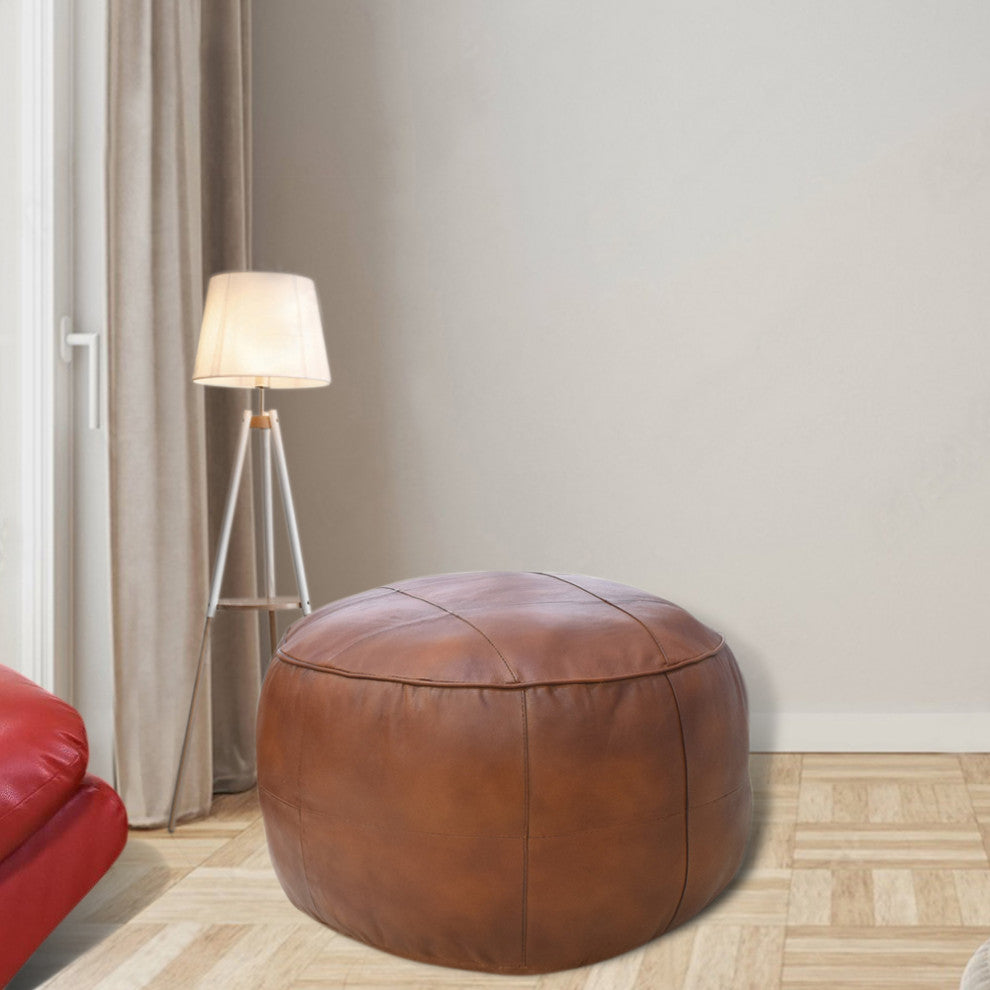 Geometric Handmade Leather Pouf, Recycled Foam With Fiber Fill, Cognac Color, Round, 21x21x12