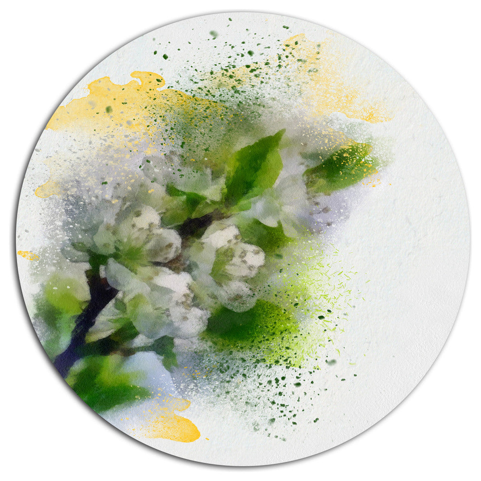 Cherry Branch With Leaves And Flowers, Flower Round Metal Wall Art, 23"