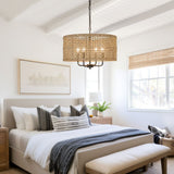 20" 4-Light Bohemian Coastal Drum Chandelier with Seagrass Hand Woven Shade