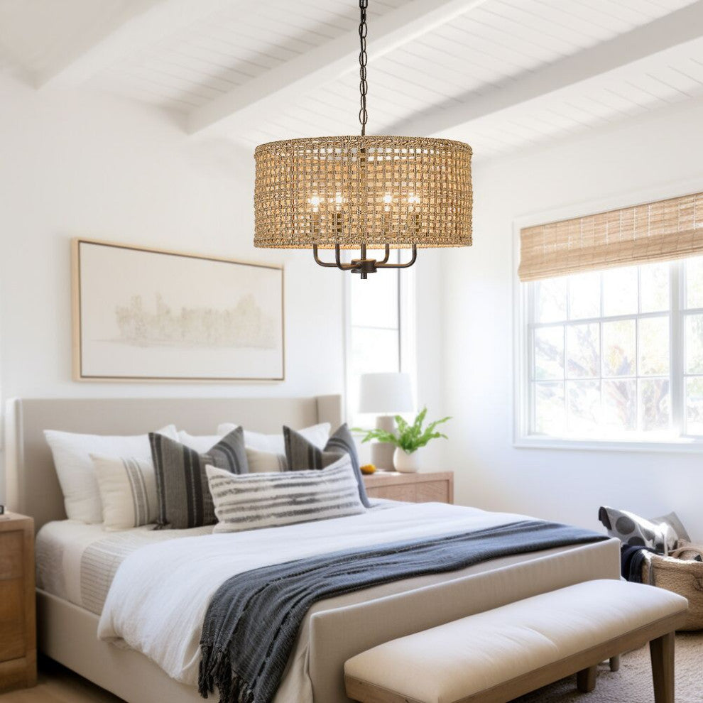 20" 4-Light Bohemian Coastal Drum Chandelier with Seagrass Hand Woven Shade