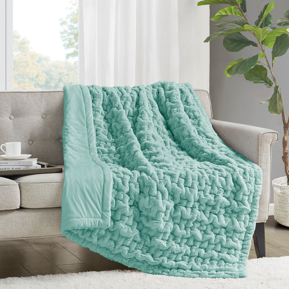 Madison Park Ruched Fur Throw, Aqua