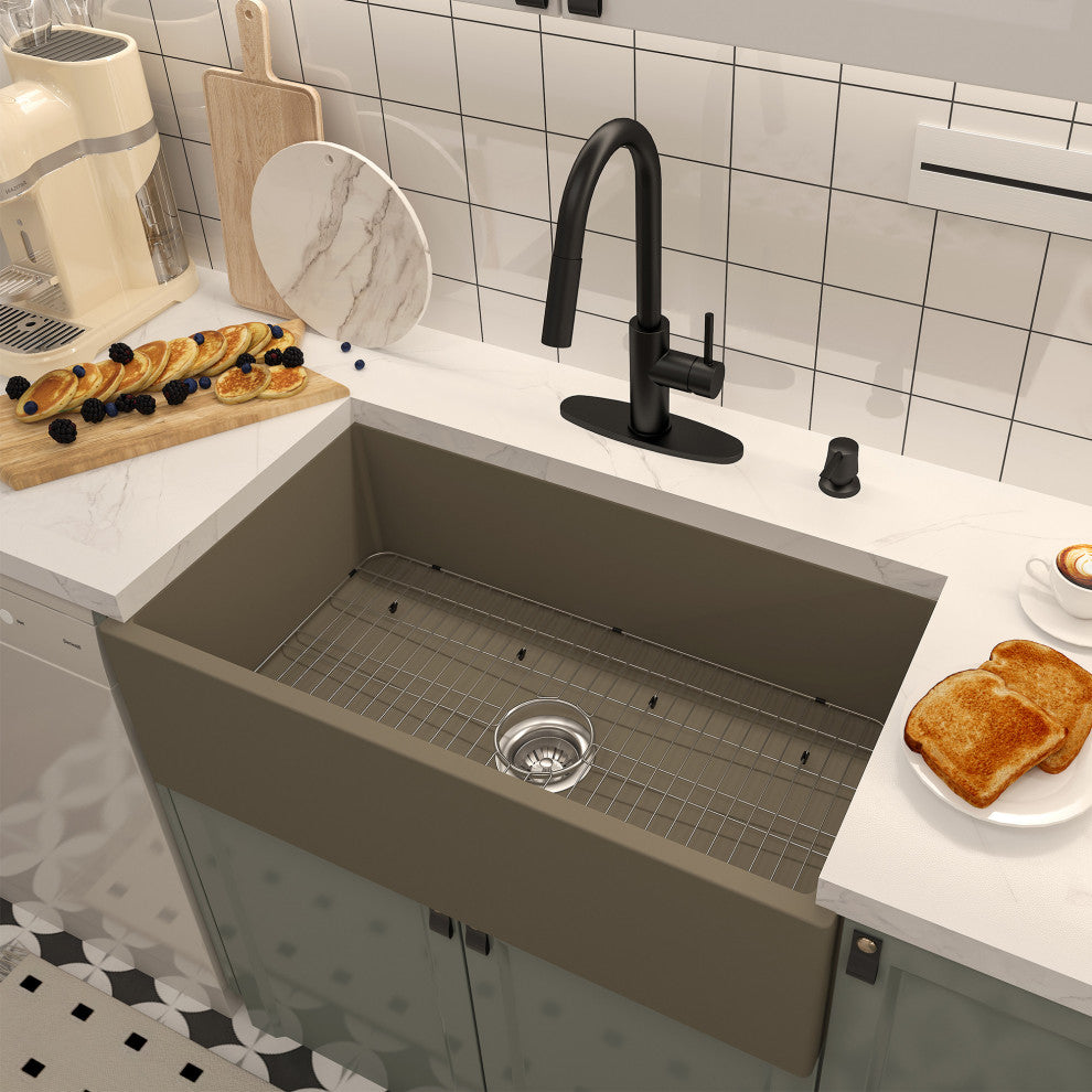 33in Single Bowl Farmhouse Apron Kitchen Sink with Bottom Grid and Drainer, Taupe Clay