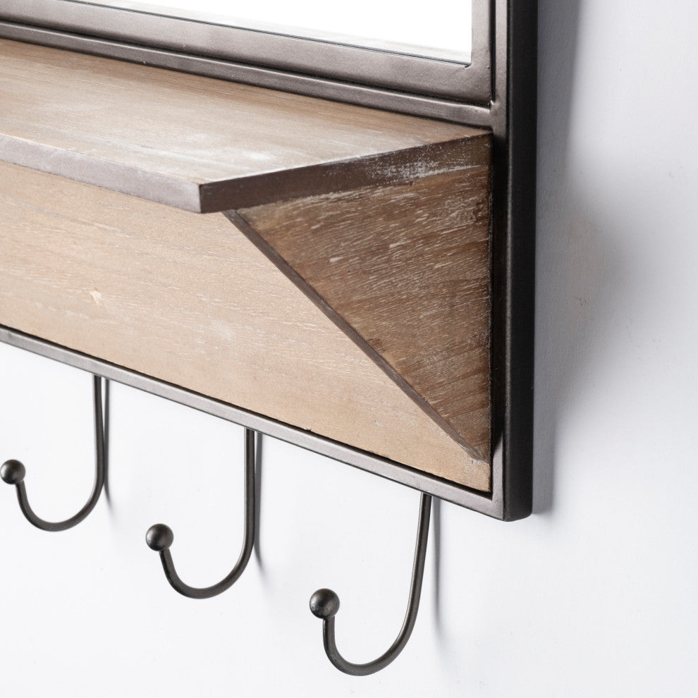 Neville Black Metal and Brown Wood Shelf With Hooks Arched Mirror, 30" x 20"