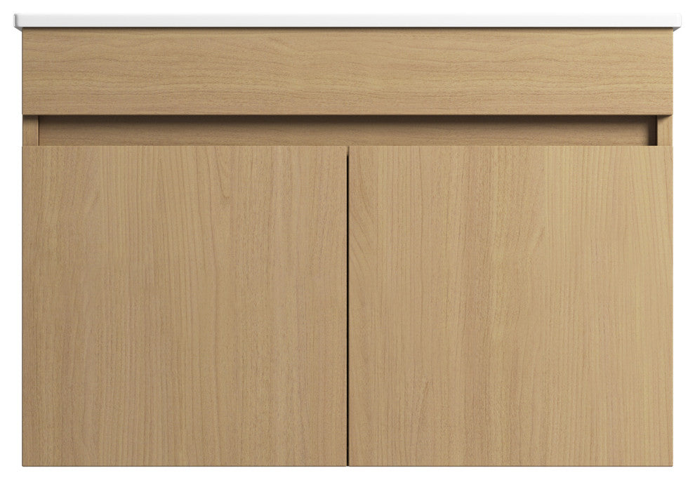 Wall Mounted Bath Vanity, Light Oak, Integrated Ceramic Sink, 36"