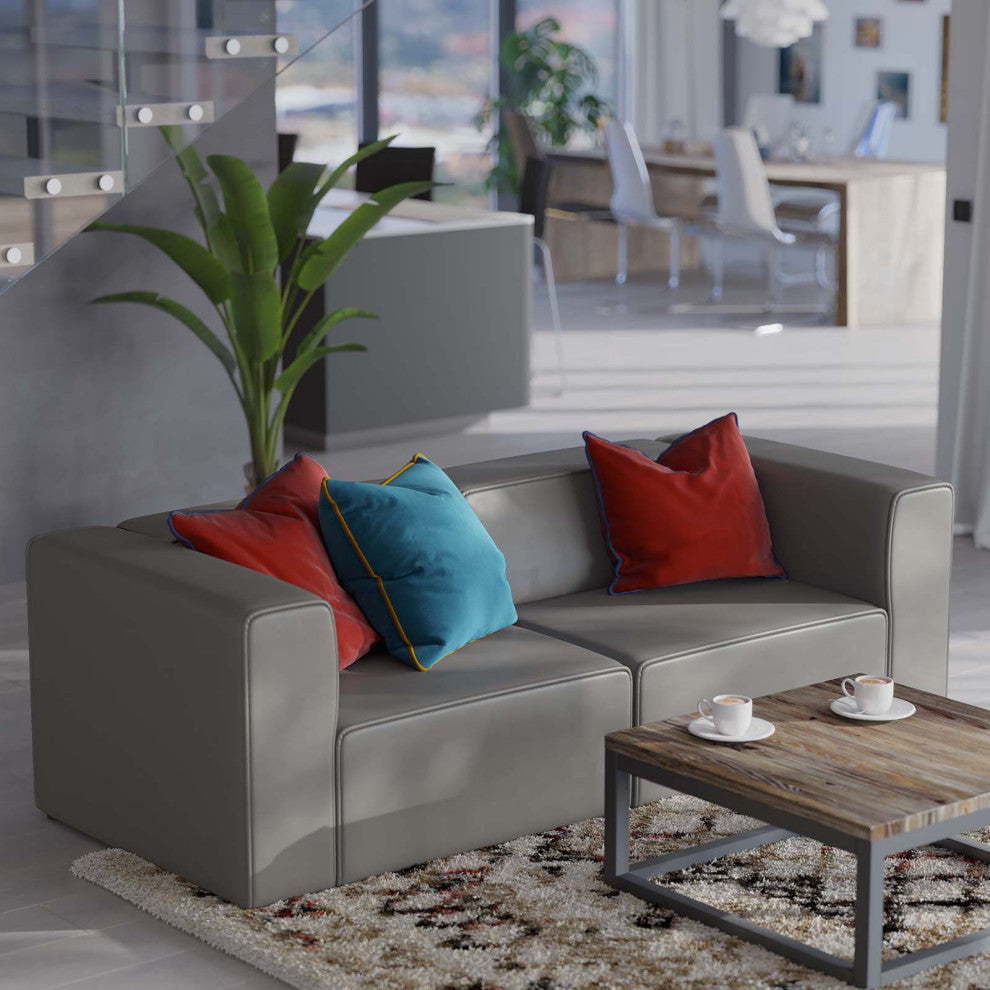 Loveseat and Sofa Set, Faux Vegan Leather, Gray, Modern, Lounge Hospitality
