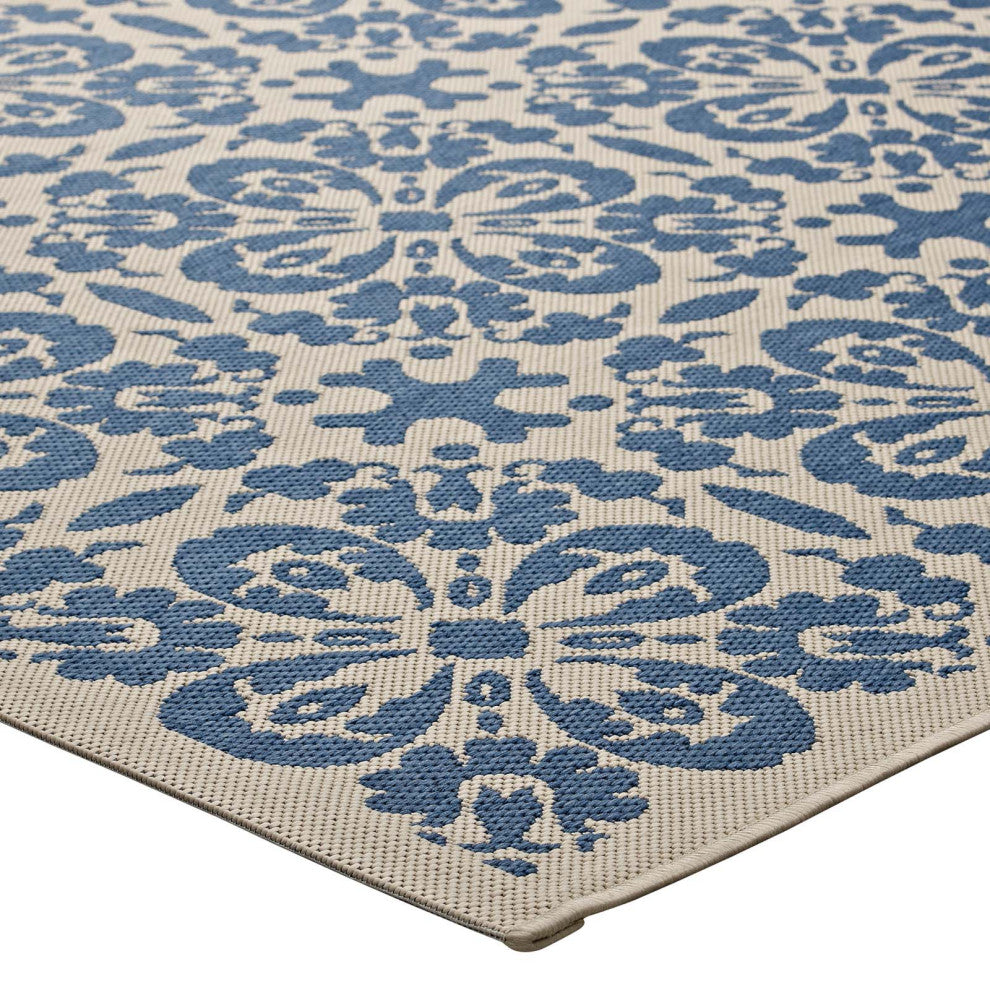 Ariana Vintage Floral Trellis 9x12 Indoor and Outdoor Area Rug, Blue and Beige