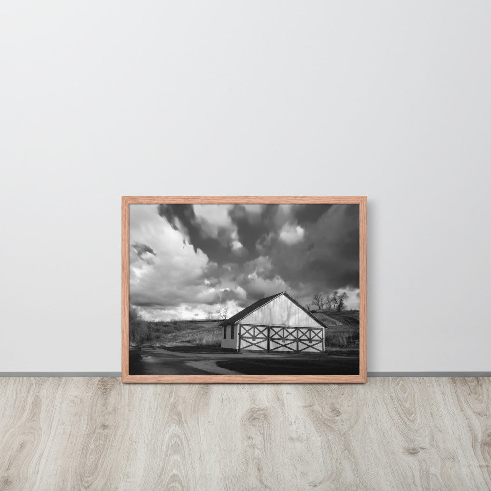 Aging Barn Morning Sun in Black and White Framed Photo Paper Wall Art Prints, Red Oak, 18" X 24"