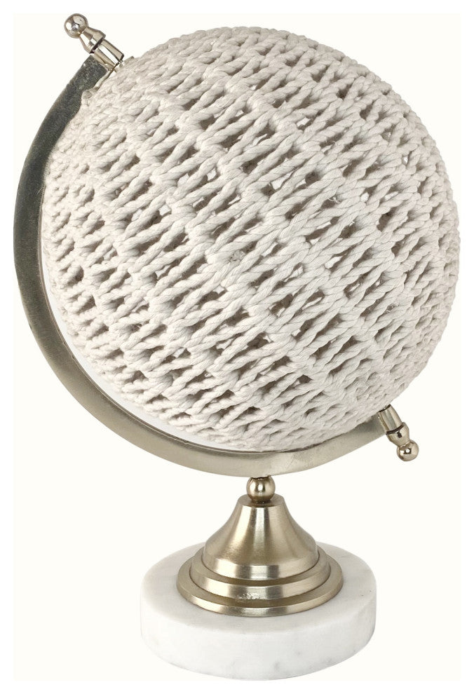 15" Modern Farmhouse Rustic Rattan and Marble Globe Sculpture