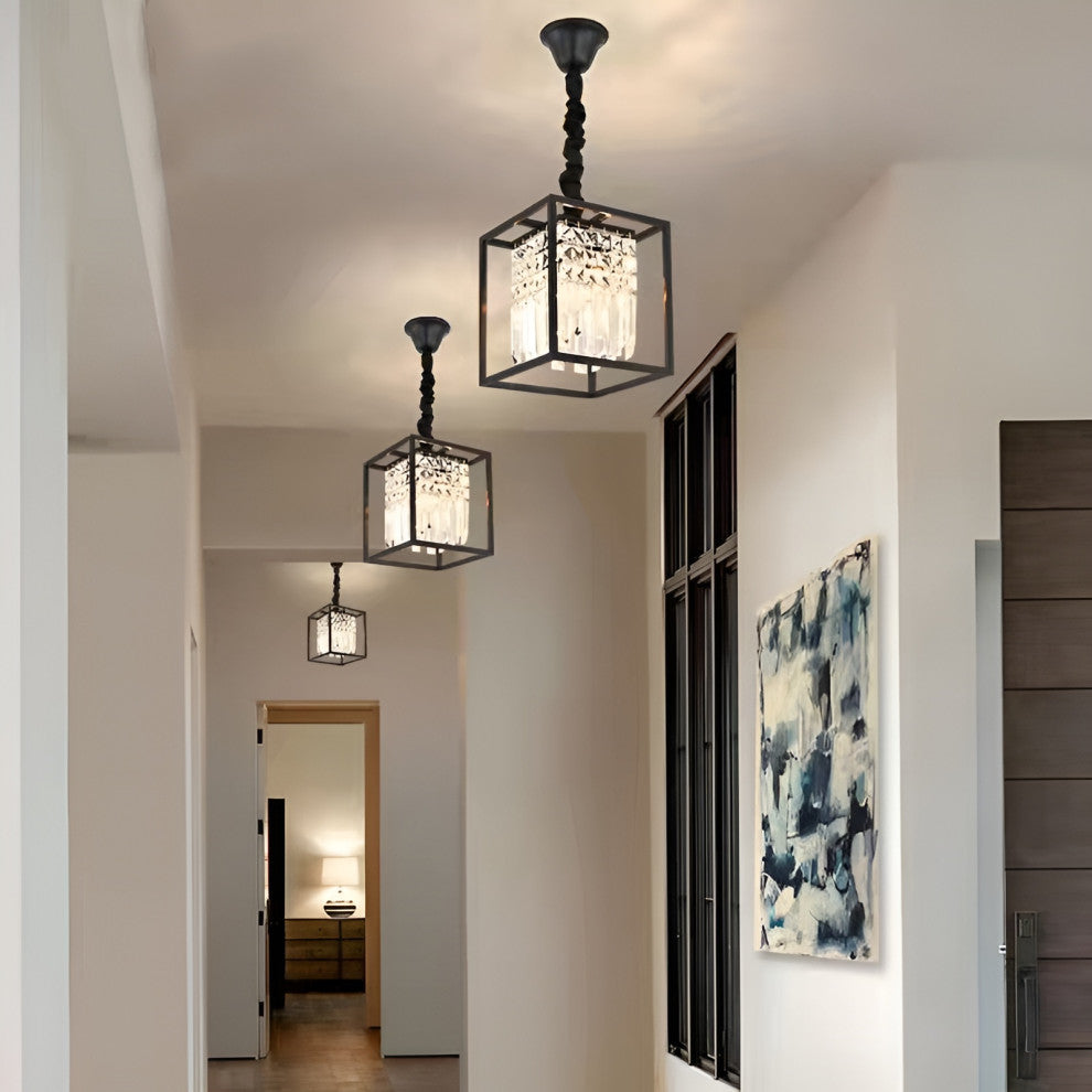 Inverno e Monteleone | Square Crystal Hanging LED Chandelier for Dining Room, Black, Warm Light, Dimmable