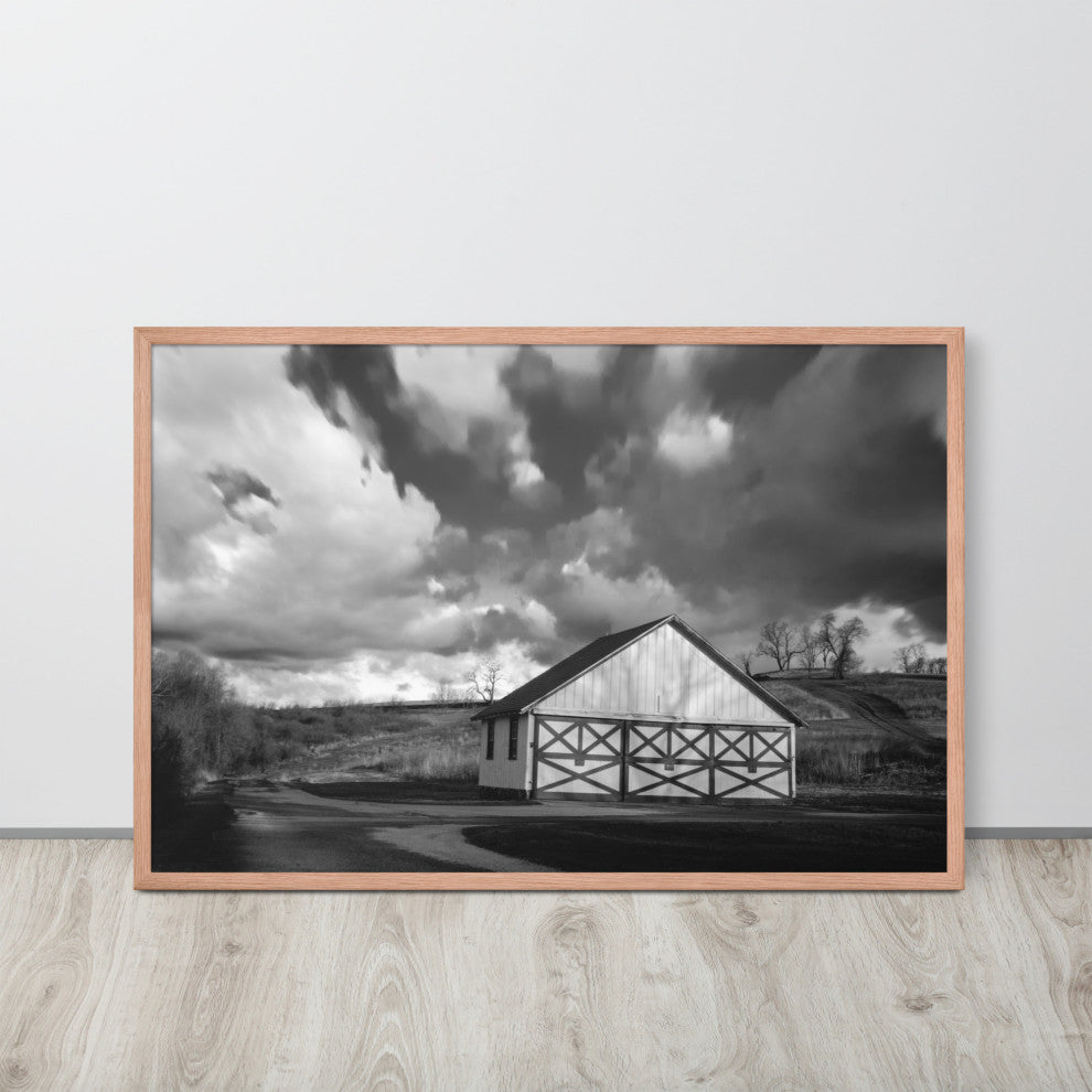 Aging Barn Morning Sun in Black and White Framed Photo Paper Wall Art Prints, Red Oak, 24" X 36"