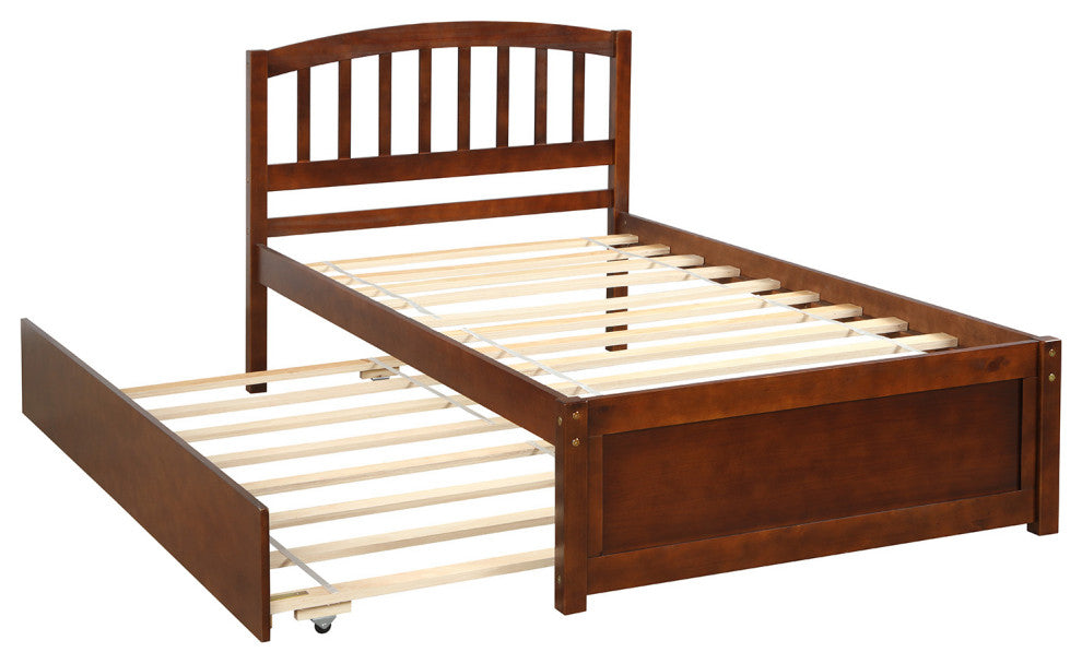 TATEUS Twin Platform Bed With Trundle, Wood Bed Frame With Headboard, Walnut