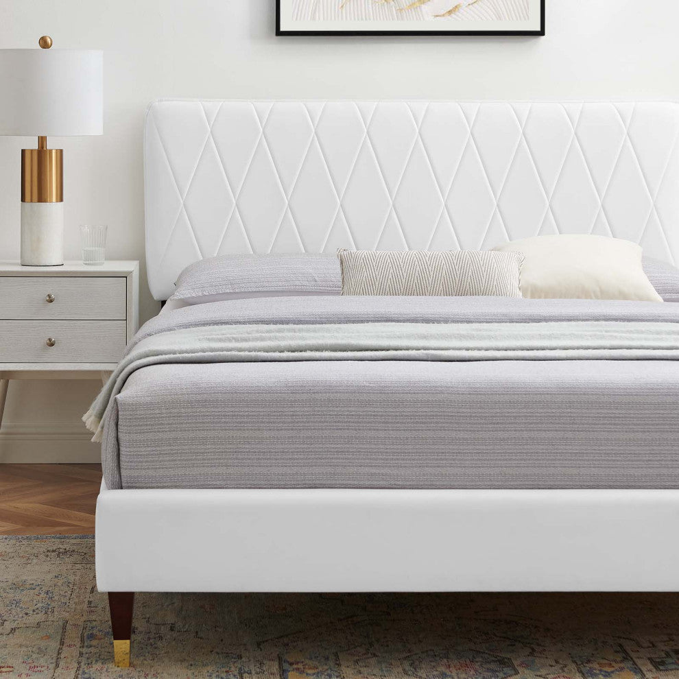 Platform Bed Frame, Full Size, Velvet, White, Modern Contemporary, Bedroom