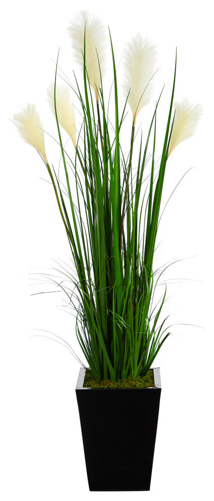 4.5' Wheat Plume Grass Artificial Plant, Black Metal Planter