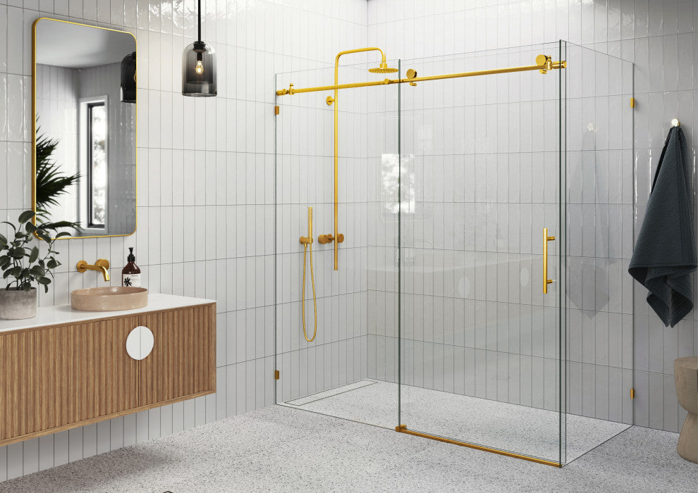 64"-68"x32"x78" Frameless Sliding Shower Door With Return Panel, Satin Brass