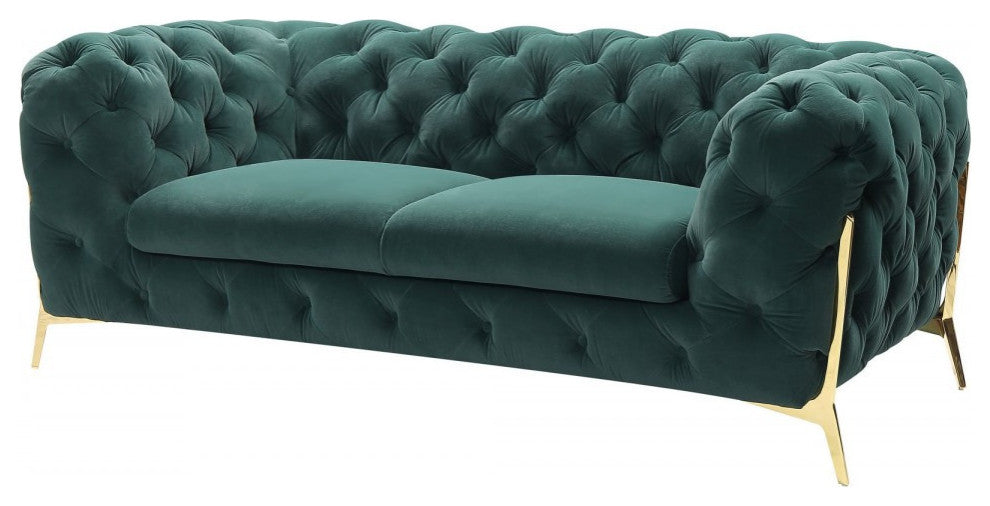 74" Emerald Green And Gold Velvet Loveseat