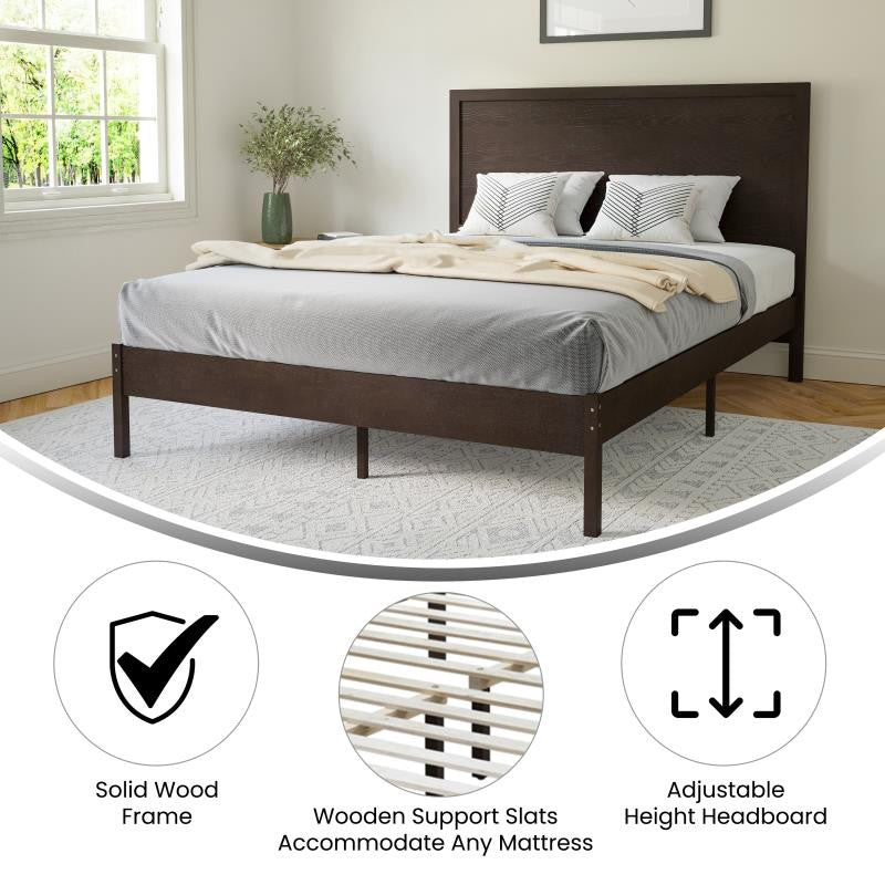 Asher Solid Wood Platform Bed with Wooden Slats and Headboard, Dark Brown, Queen