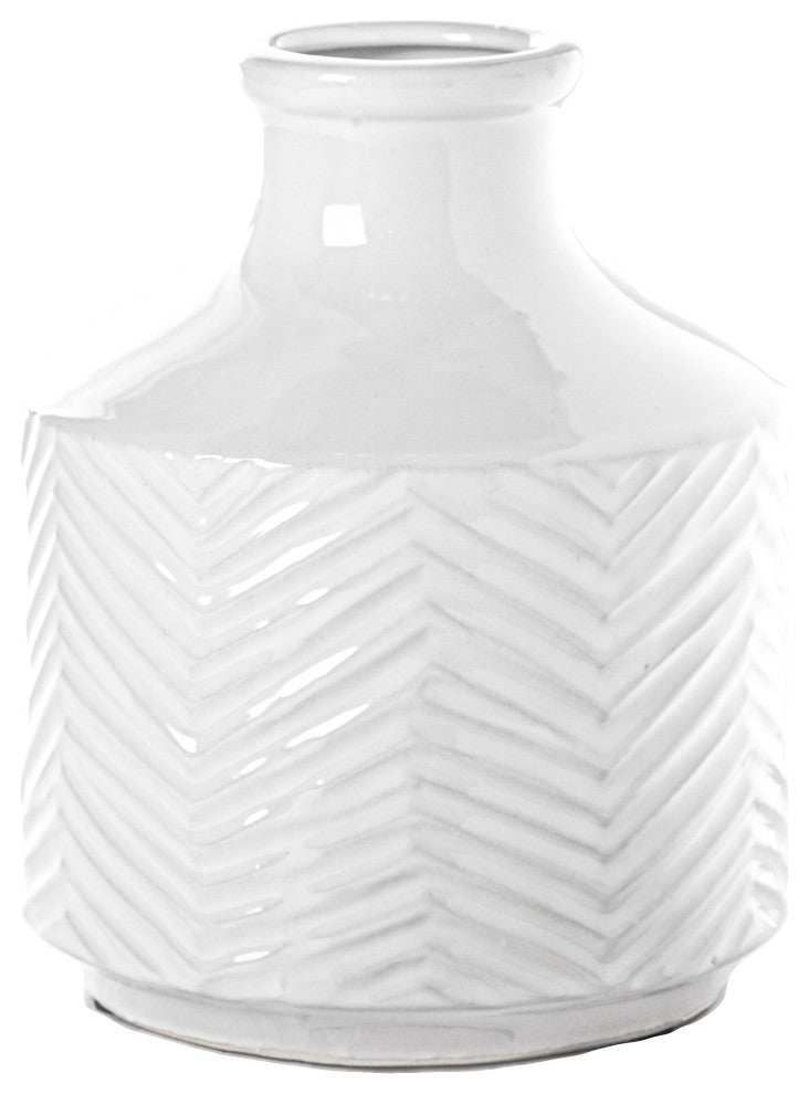 Round Ceramic Vase with Banded Chevron Pattern Design Gloss White Finish, Small