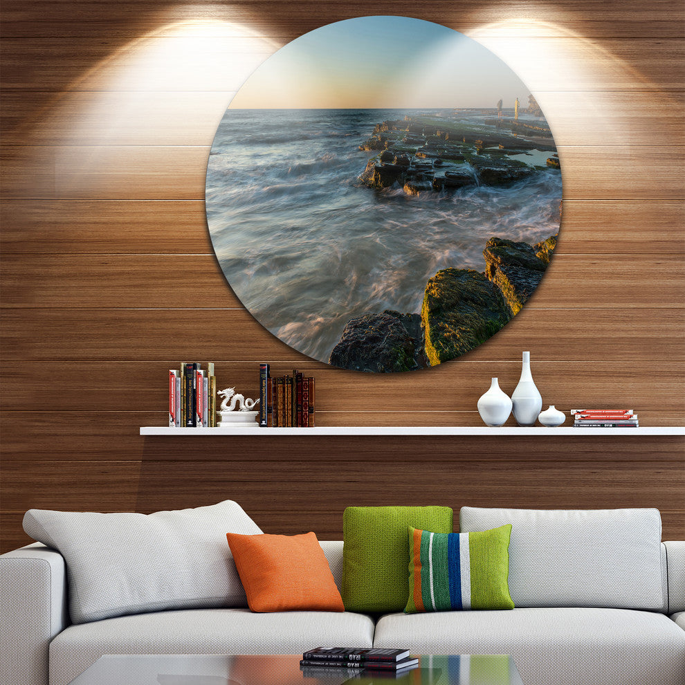 Sydney Beach With Mossy Rocks, Seashore Round Wall Art, 11"