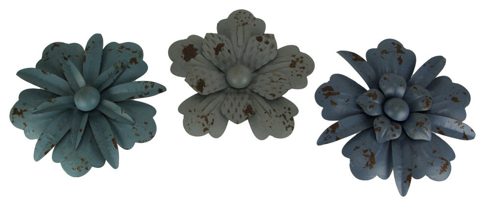 Vintage Blue and Grey Metal Wall Art Flower Decor Hanging Sculptures Set of 3