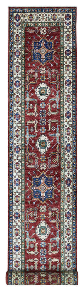 Red Super Kazak Geometric Design Hand-Knotted XL Runner Rug, 3'4"x19'3"