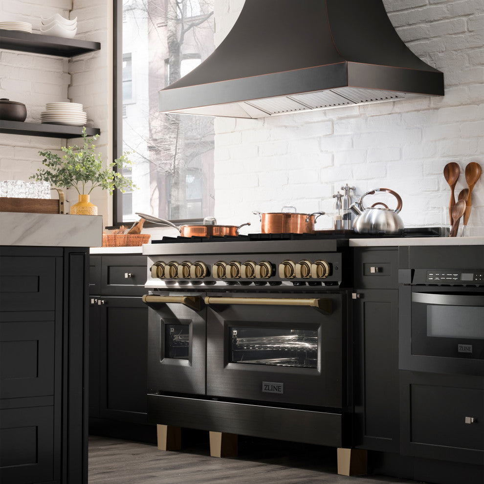 ZLINE 48" Dual Fuel Range, Black Stainless With Champagne Bronze RABZ-48-CB