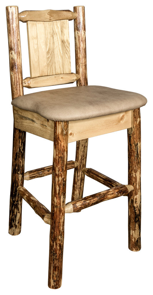 Glacier Country Counterstool Buckskin Upholstery, With Laser Engraved Pine Tree