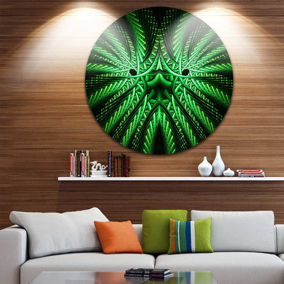 Glowing Green Fractal Flower In Black, Abstract Round Artwork, 36"